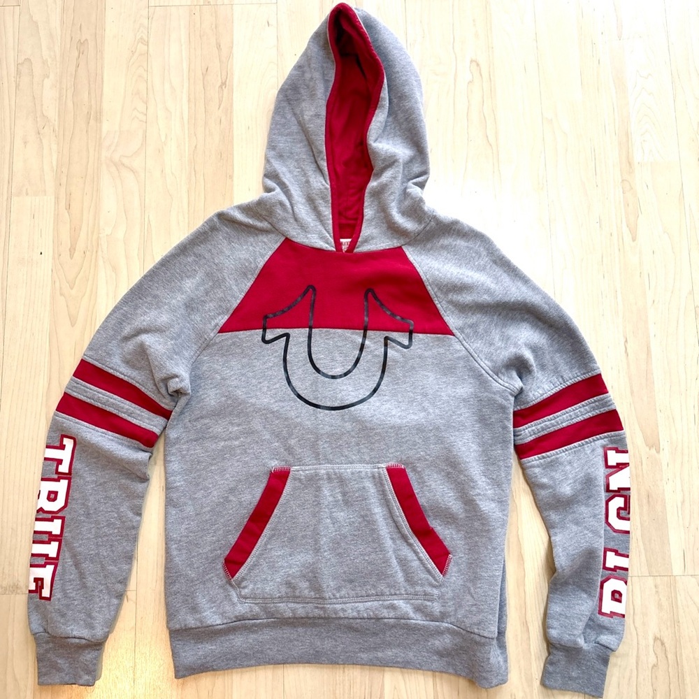 True Religion Juniors Women's Large Logo Hoodie Gray Red